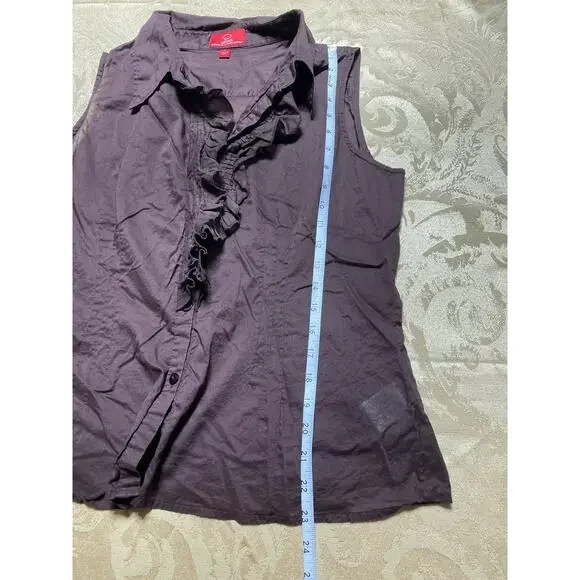 Oscar Oscar De La Renta Company Large Blouse Brown Sleeveless Ruffled Button Up - Picture 8 of 8